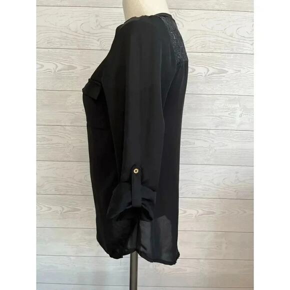 Candie’s semi-sheer black roll tab blouse Size Small - Picture 2 of 7
